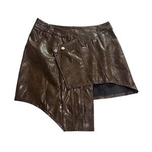 Brown Faux Leather Asymmetrical Mini Skirt with Wrap Front Detail